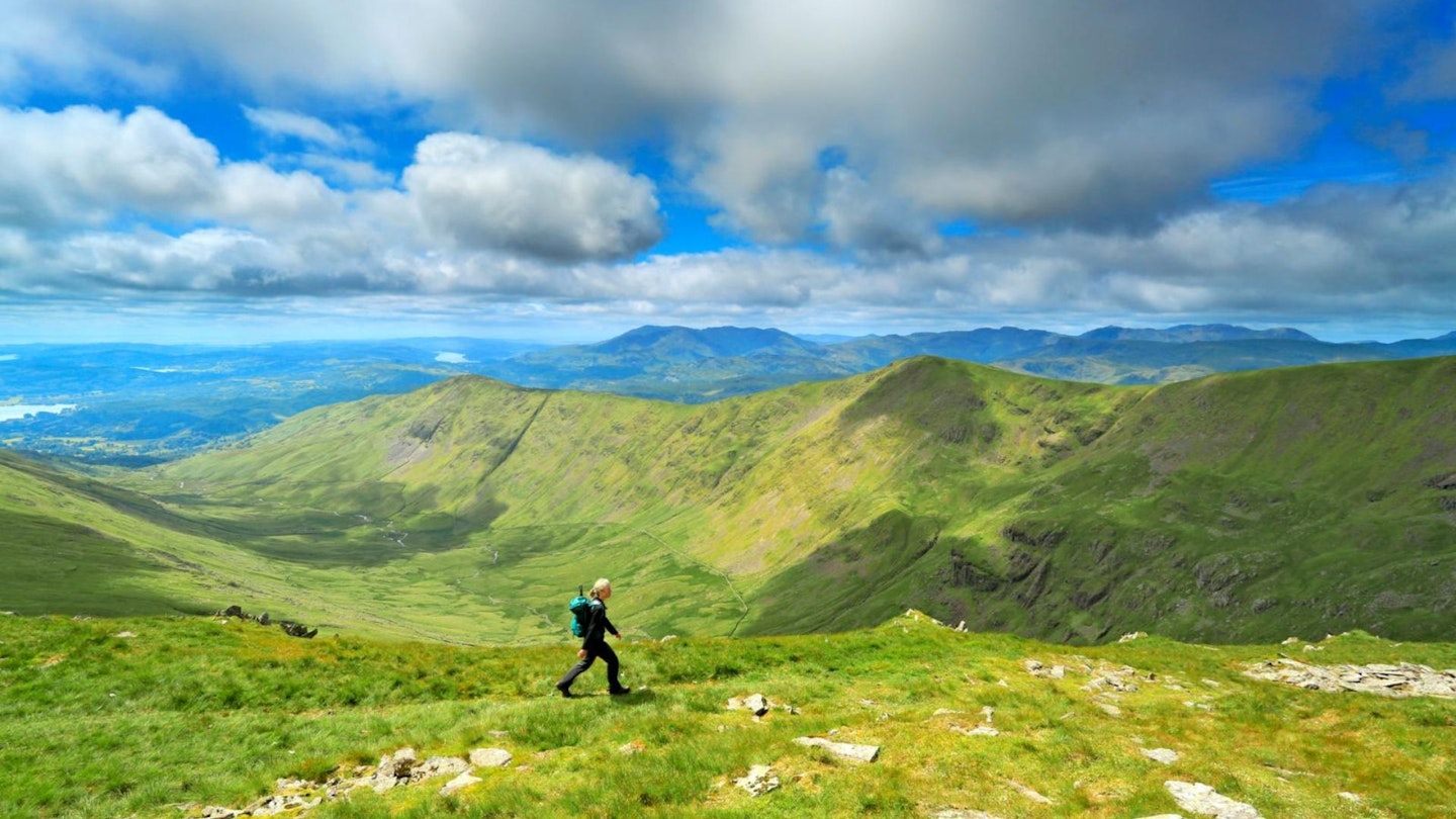 Walker on the western arm of the Fairfield Horseshoe from Hart Crag Fairfield Horseshoe