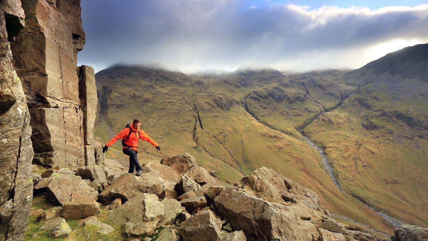 On Great Gable Climbers Traverse with Great End behind in the Lake District