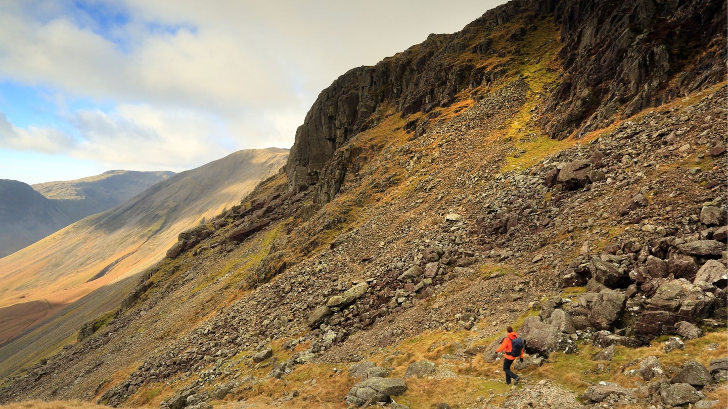 Heading for the Great Gable Climbers Traverse beneath Kern Knotts in the Lake District