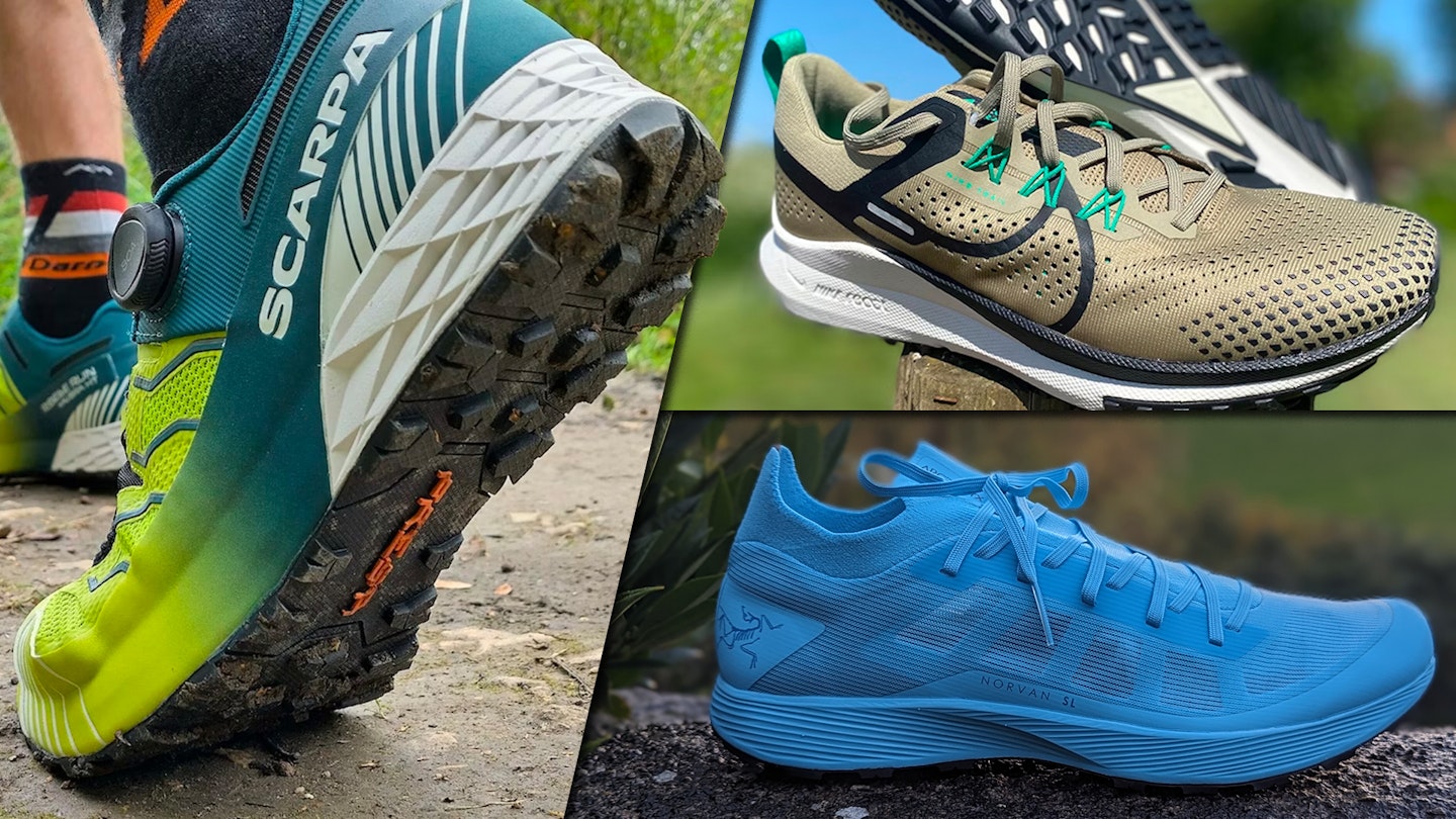 collage of trail running shoes