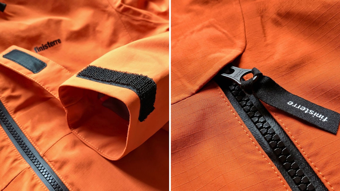 Closeup of cuff and zip of Finisterre Stormbird Waterproof Jacket