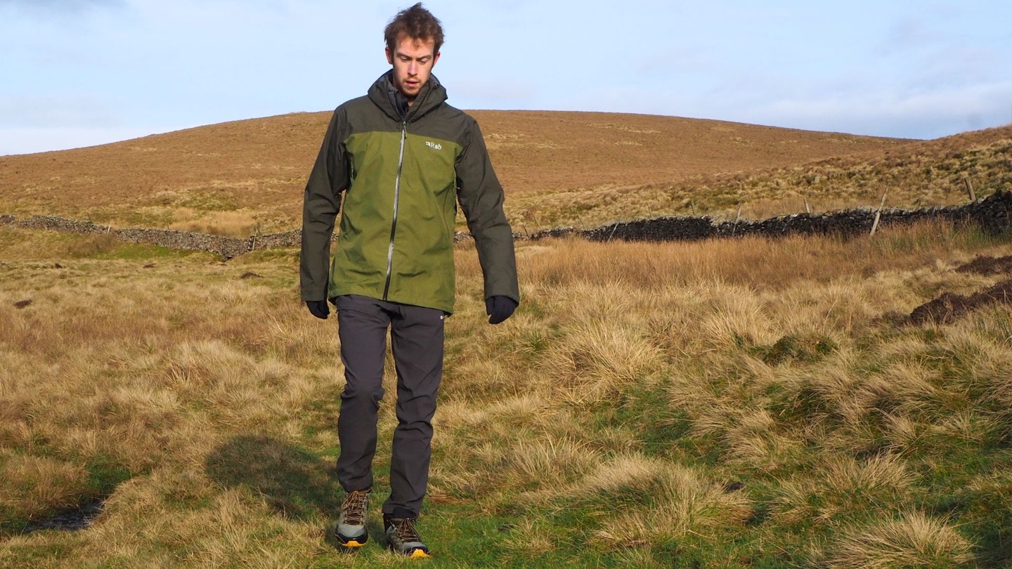 LFTO tester walking in Rab Arc Eco Waterproof Jacket