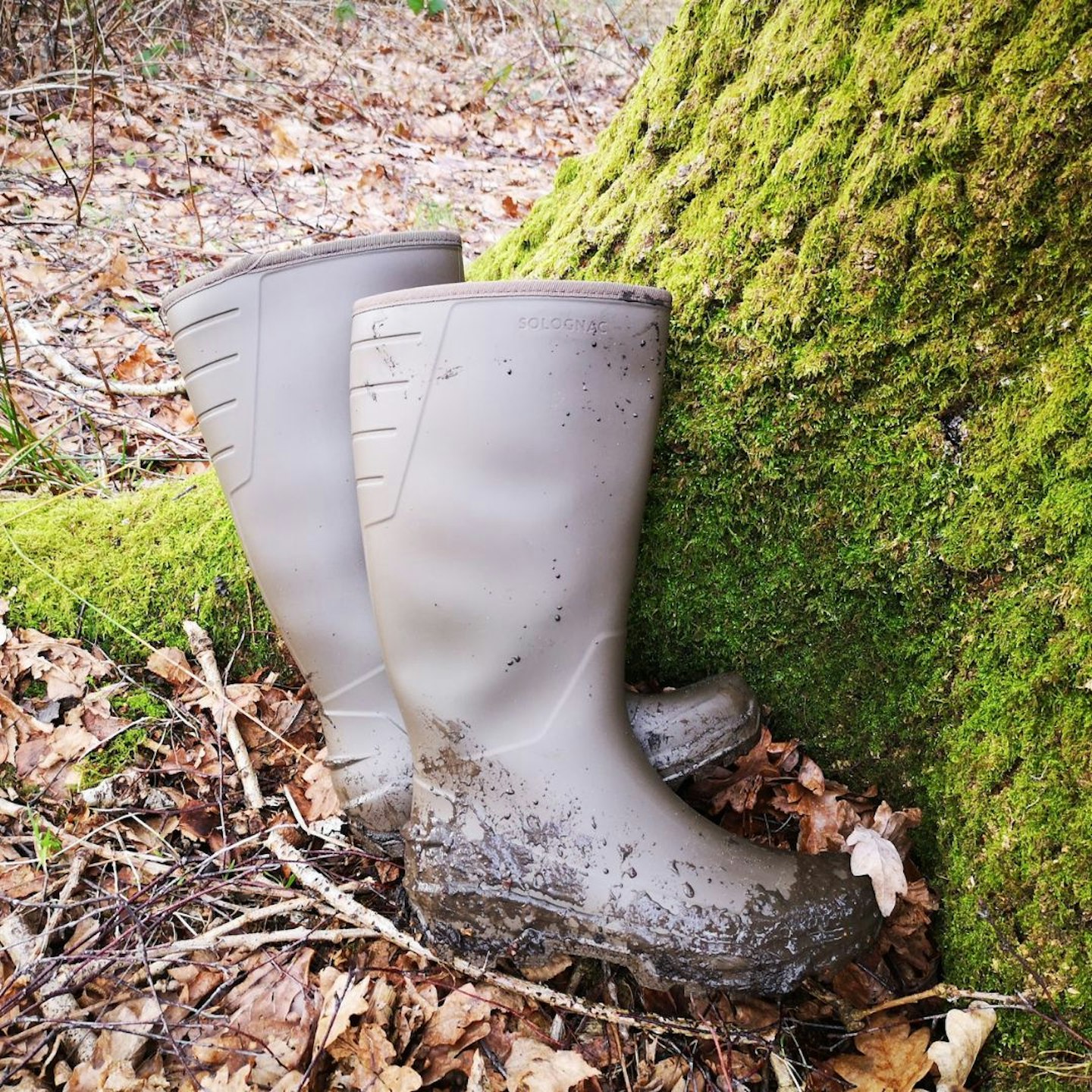 Decathlon wellies leaning against a tree