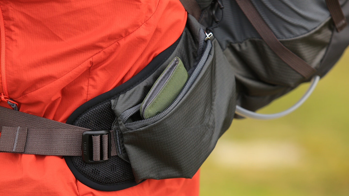 Hip fin pocket on Osprey Talon 22 backpack on Dartmoor