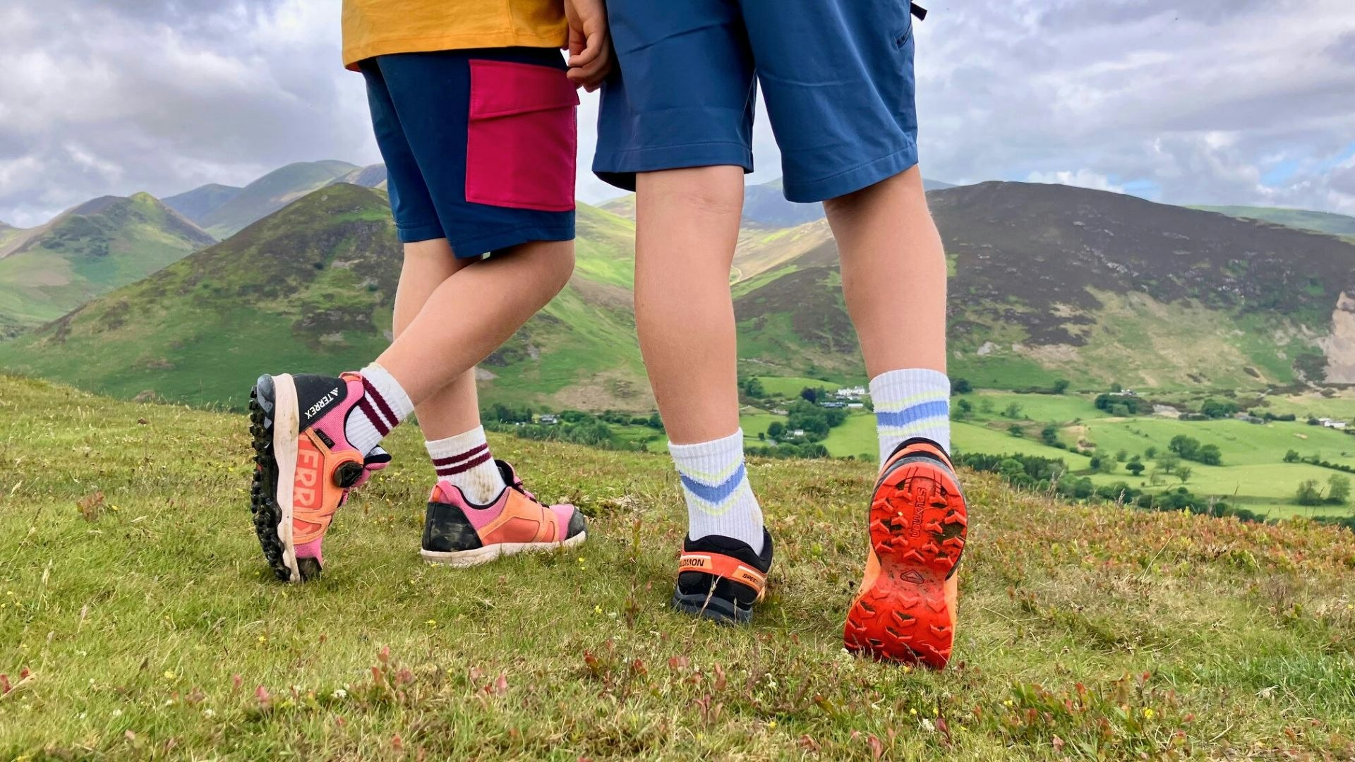Kids running shoes being tested in the mountains