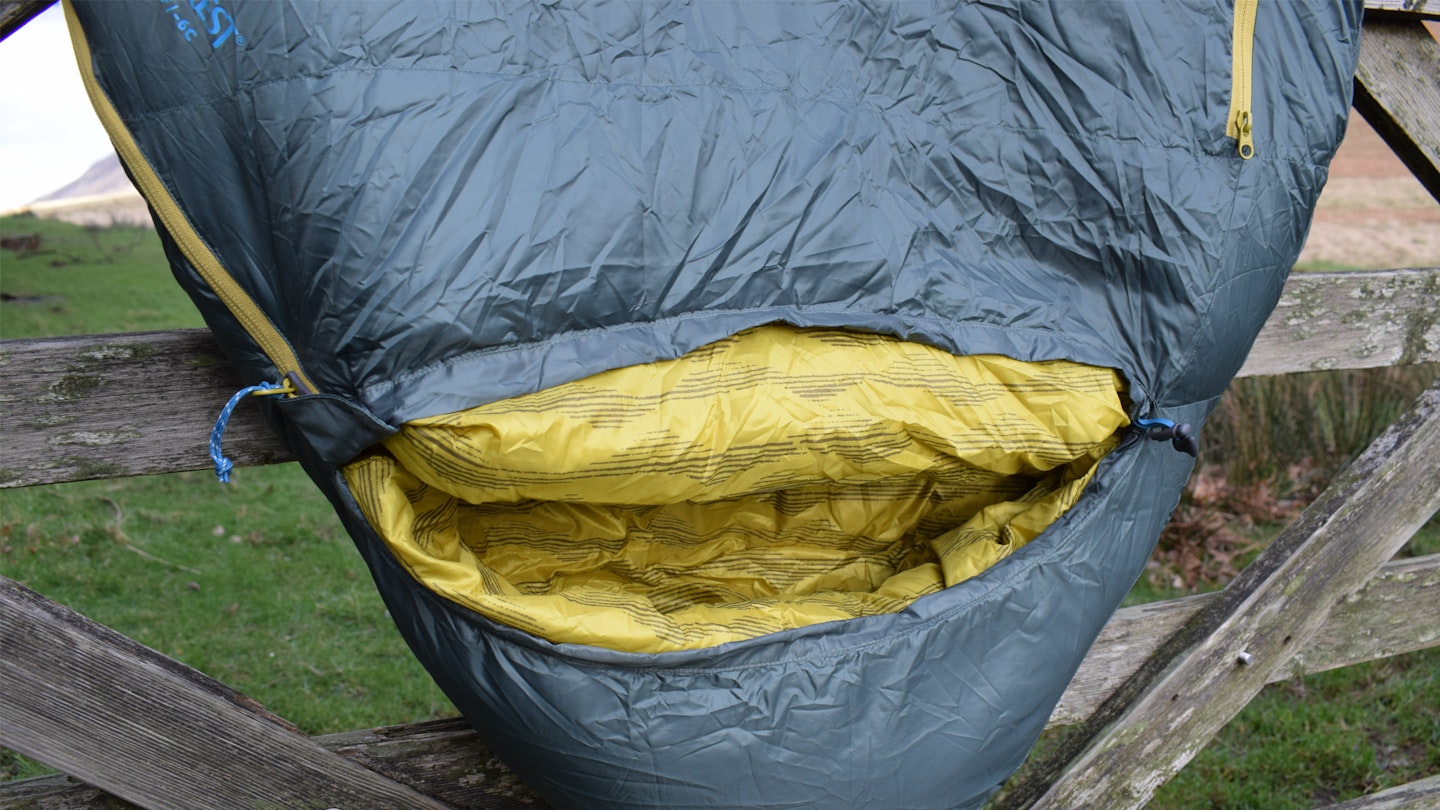 Close up Thermarest Questar sleeping bag on a wooden gate
