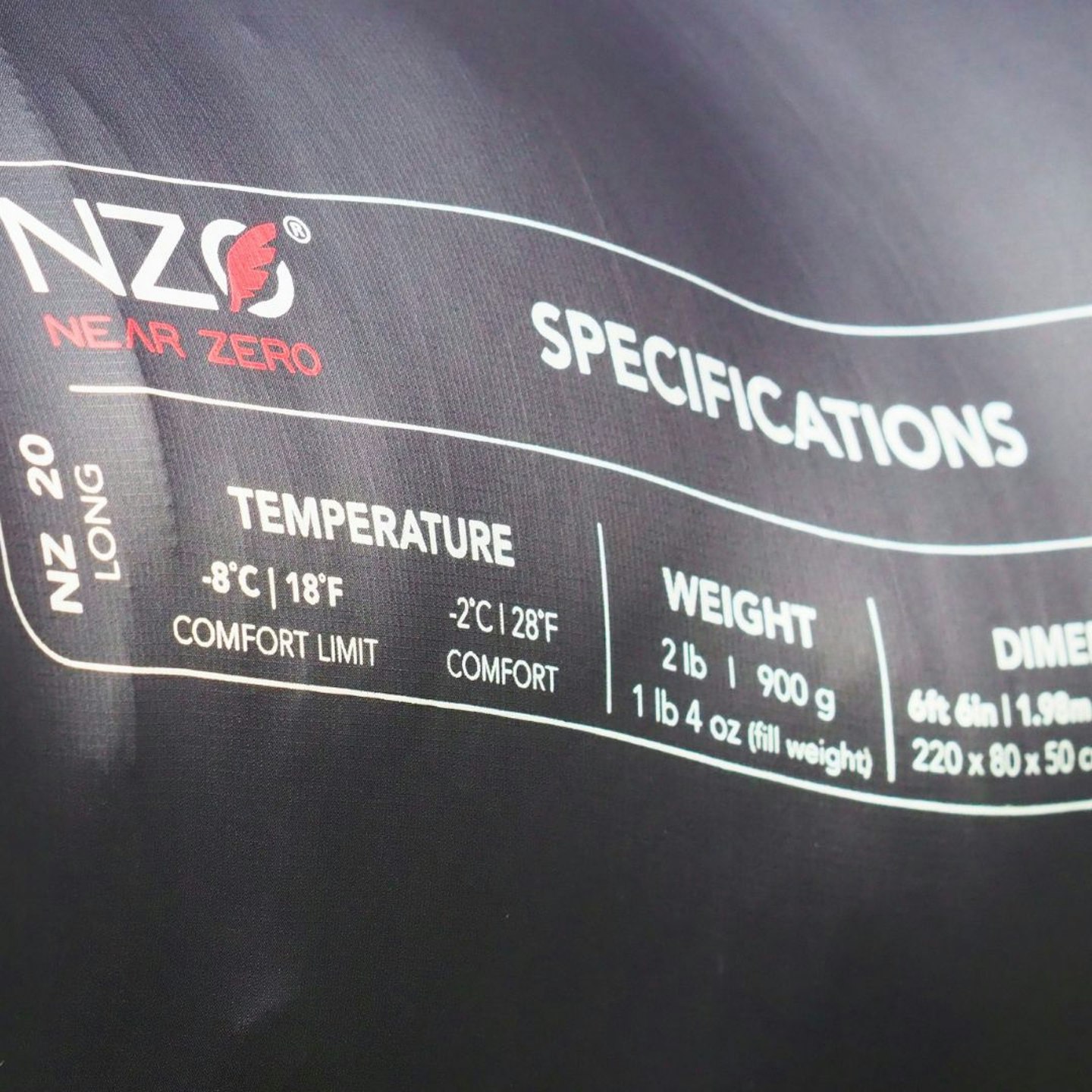 Near Zero NZ20 closeup of specs on stuff sack