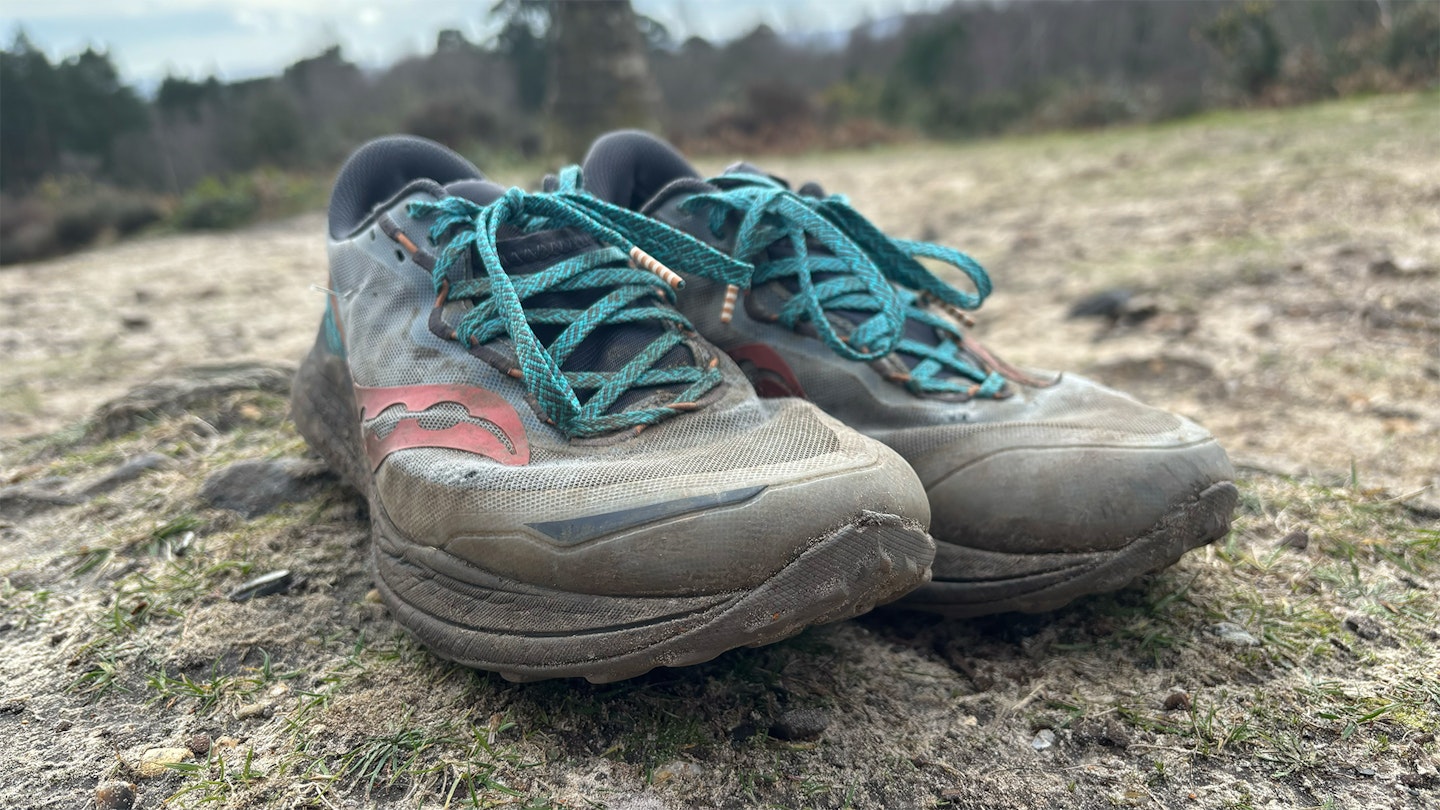 Saucony Xodus ultra 2 trail running shoes on rocky ground