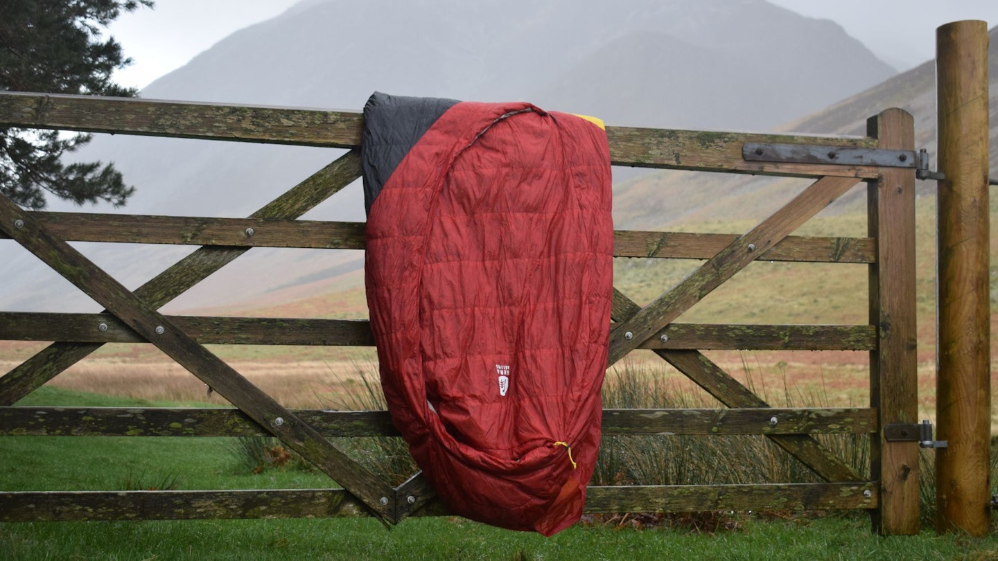 Sierra Designs Sleeping Bag on a lake district gate