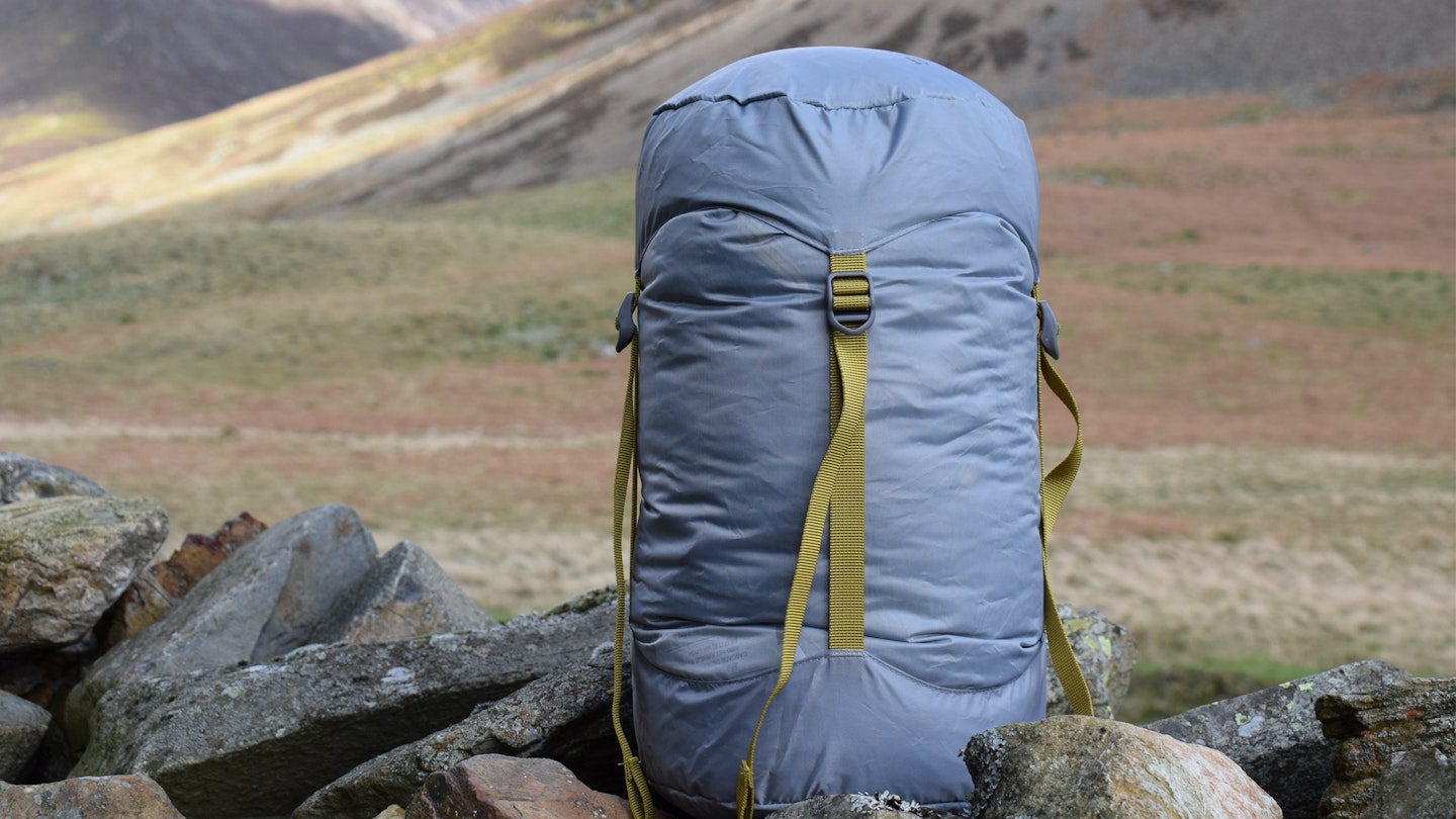 Standing packed Thermarest Questar sleeping bag