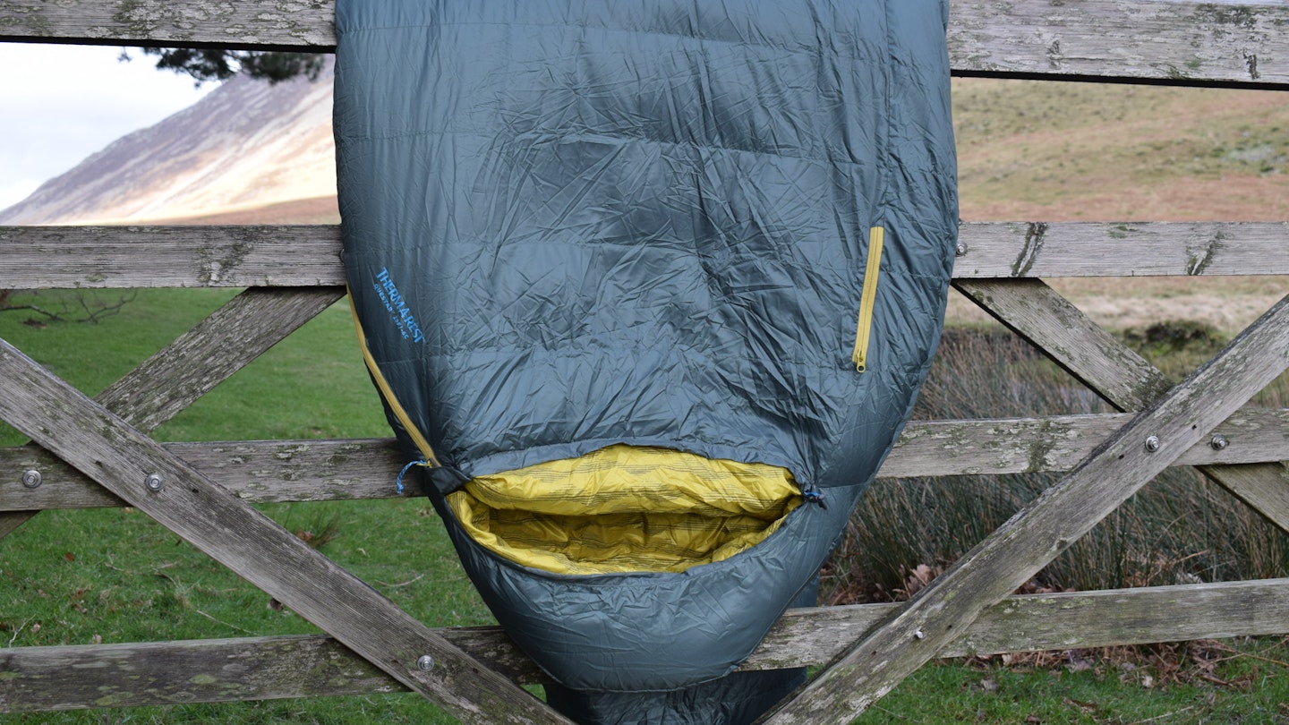 Thermarest Questar sleeping bag on a wooden gate