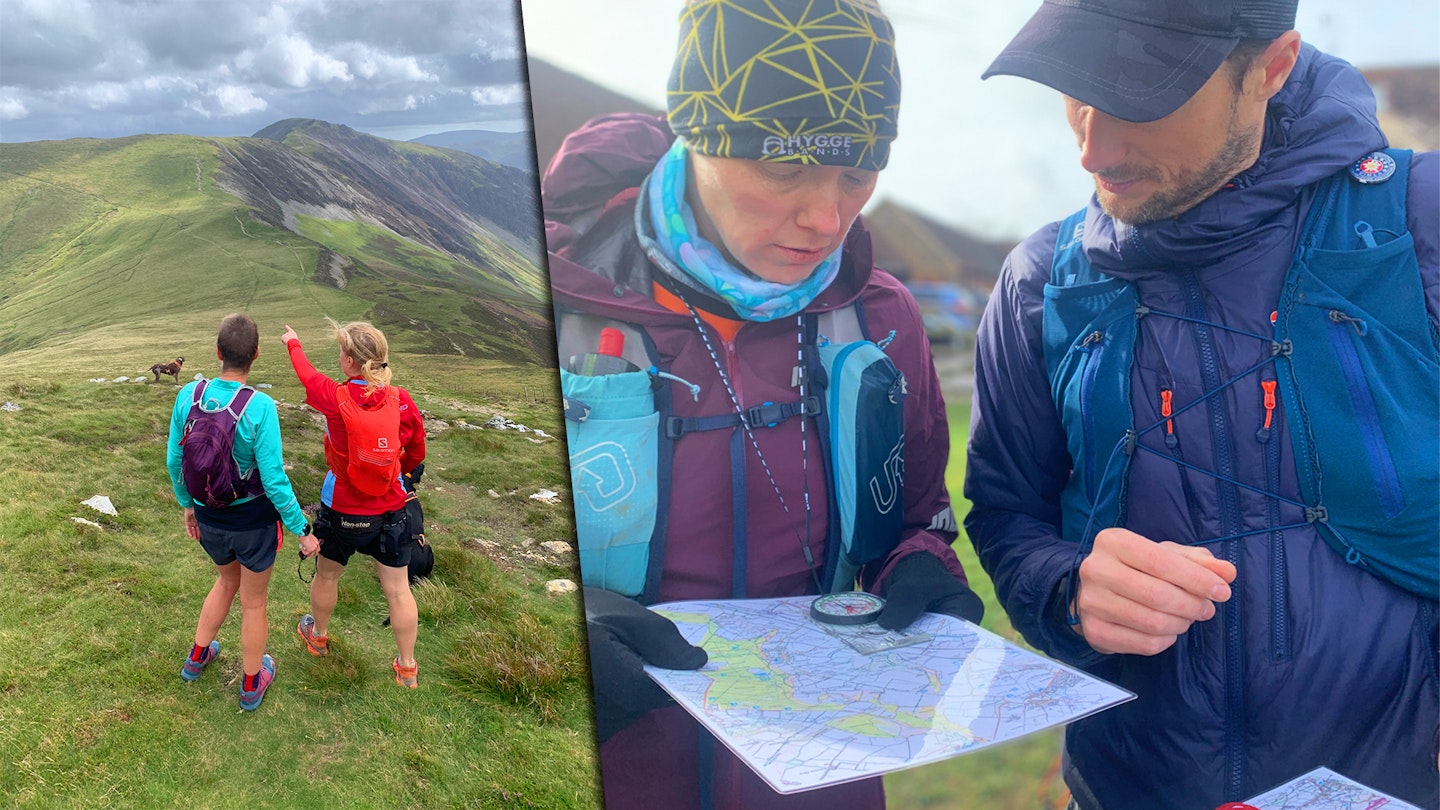 Trail runners navigating with paper maps