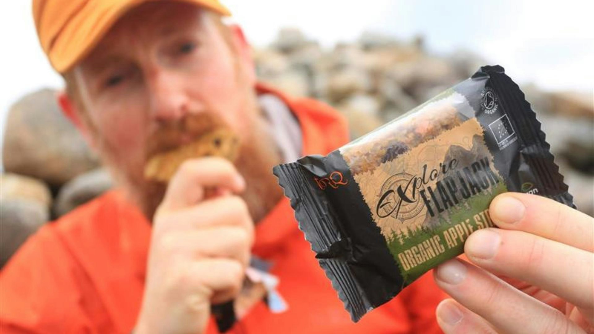 Ben shows us an organic flapjack, perhaps an ultimate hiking snack