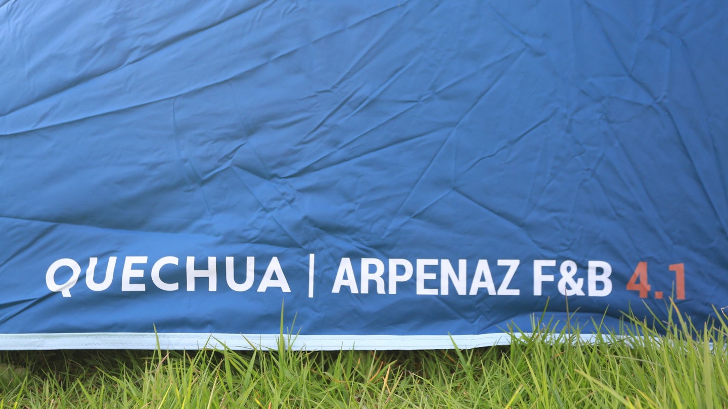 Closeup of Decathlon Quechua Arpenaz 4.1 F&B model name printed on tent fabric