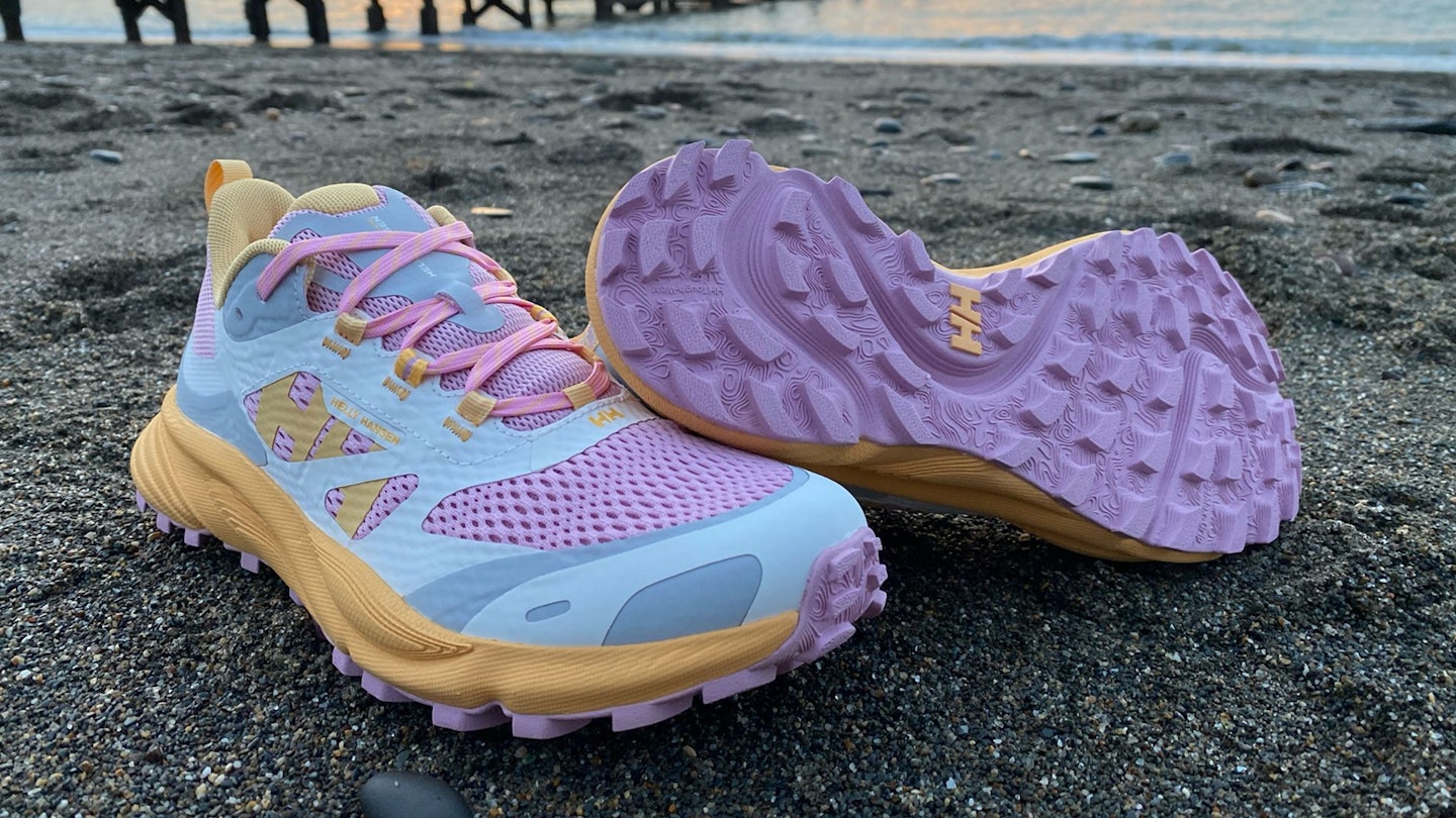 lugs and upper of Helly Hansen Trail Wizard running shoes on the beach