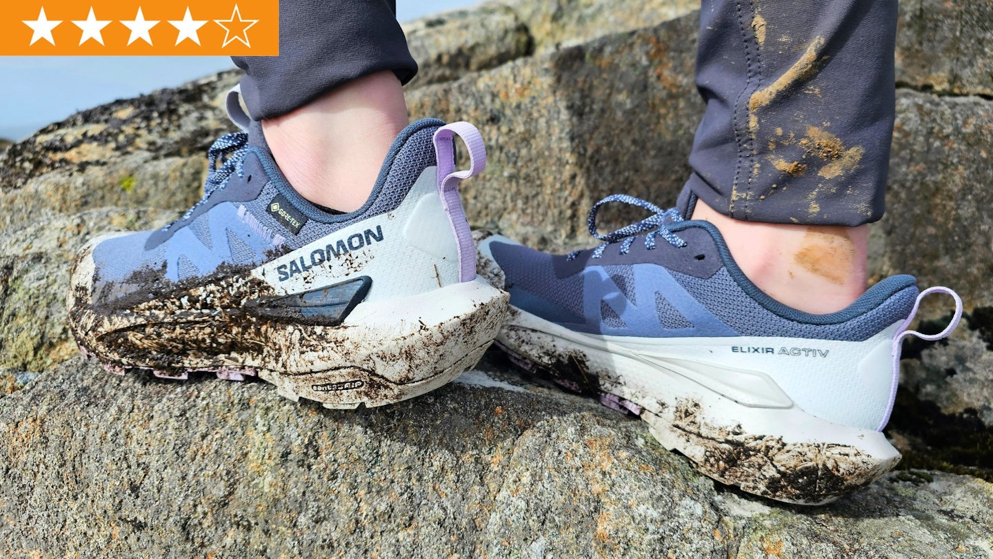 Closeup of hiker wearing Salomon Elixir Activ GTX hiking shoes