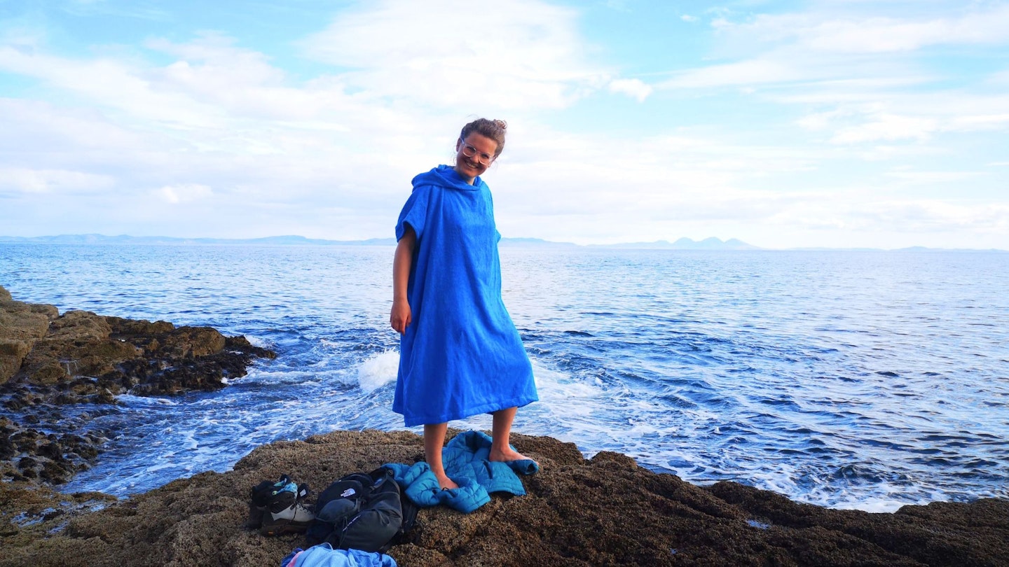 Finisterre changing robe modelled by Fliss