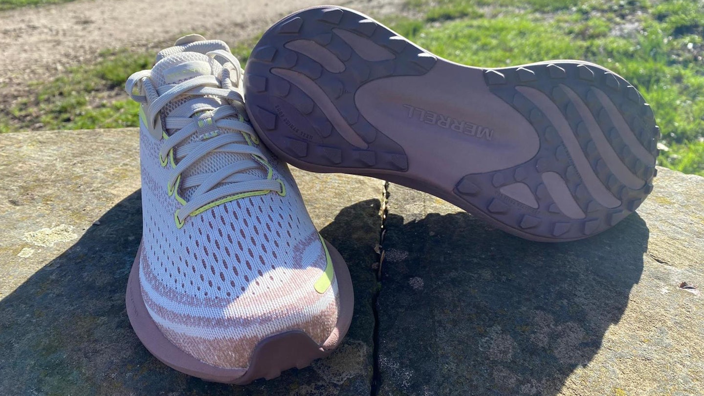 Lugs and laces of merrell morphlite trail running shoe