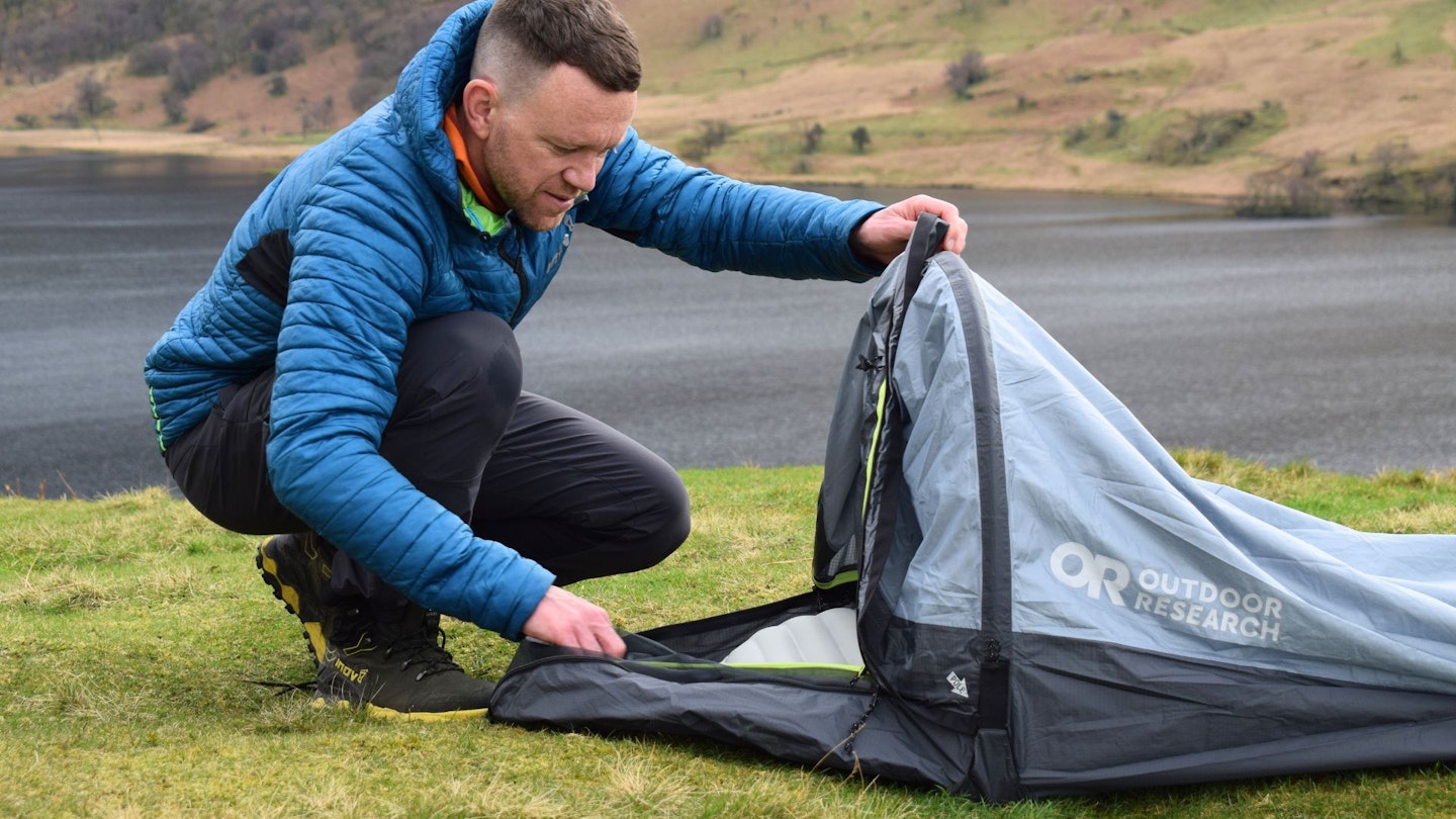 James Forrest opening front of Outdoor Research Helium Bivy