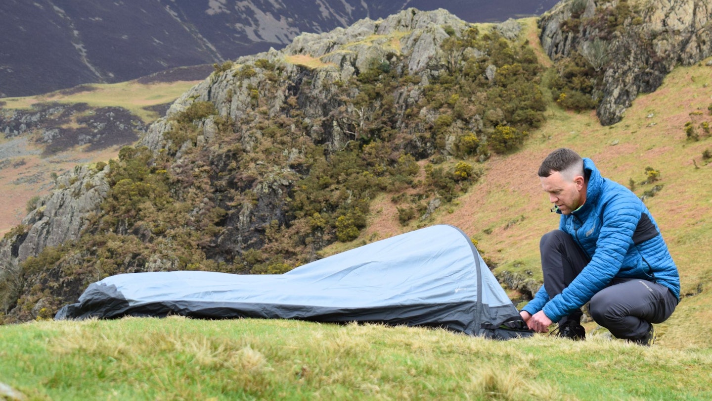 James Forrest pitching Outdoor Research Helium Bivy