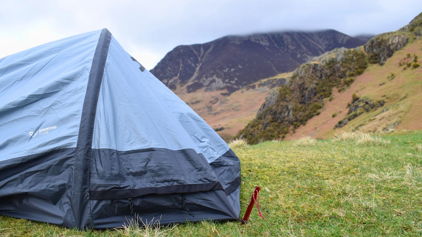 Front section of Outdoor Research Helium Bivy with peg inserted