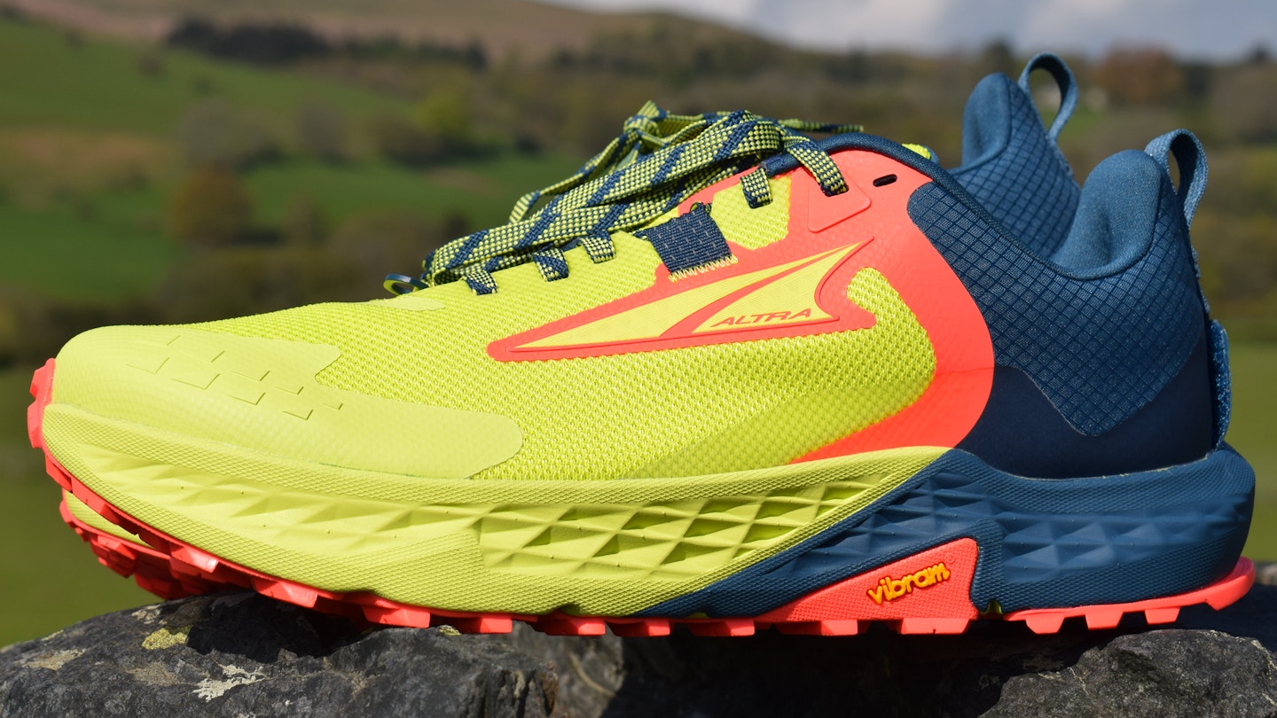 Side profile and midsole of Altra Timp 5 trail running shoes