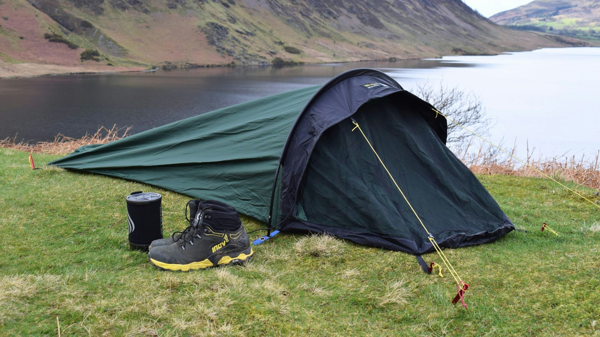 Front 3/4 view of Terra Nova Jupiter Lite Bivi pitched