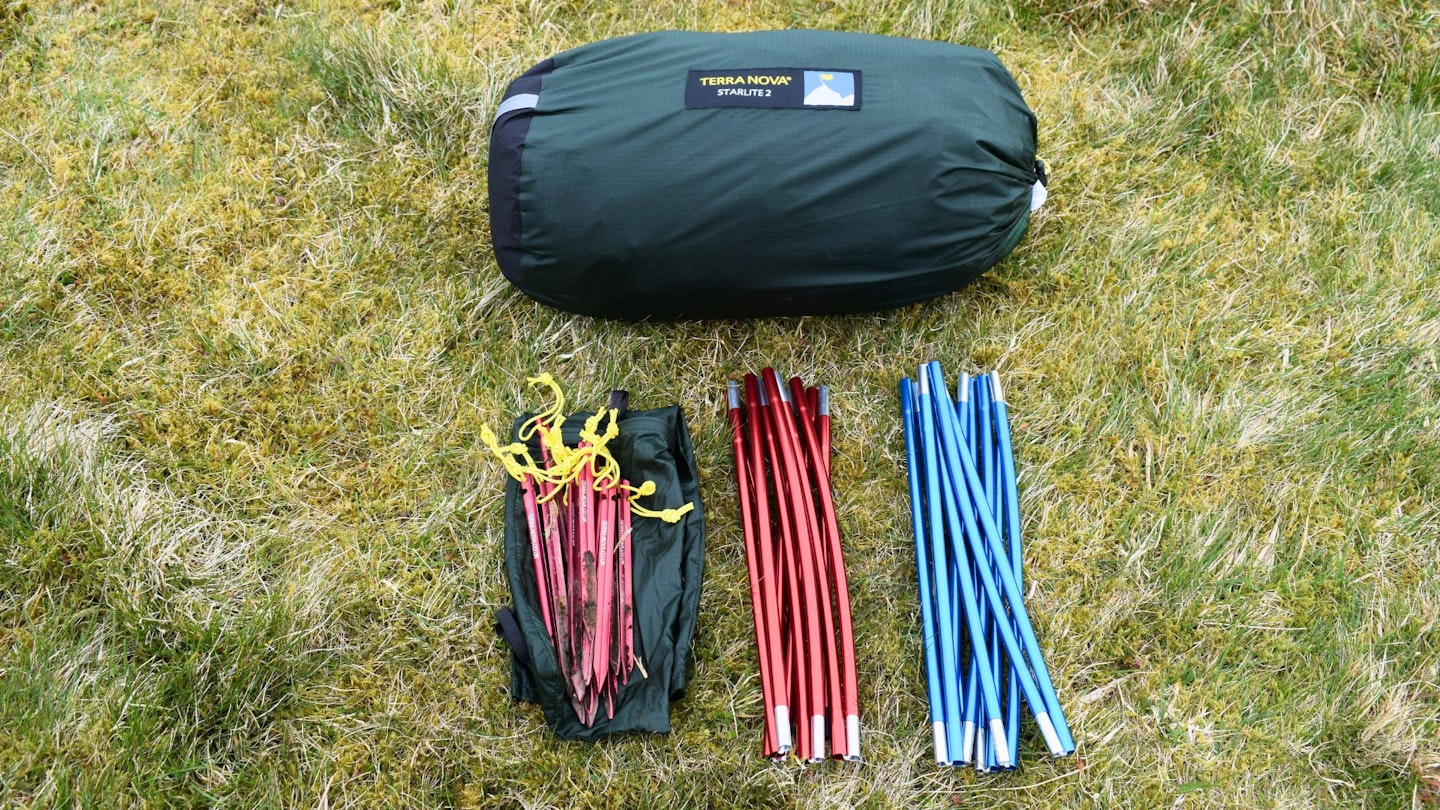 Terra Nova Starlite 2 carry bag, poles, and pegs