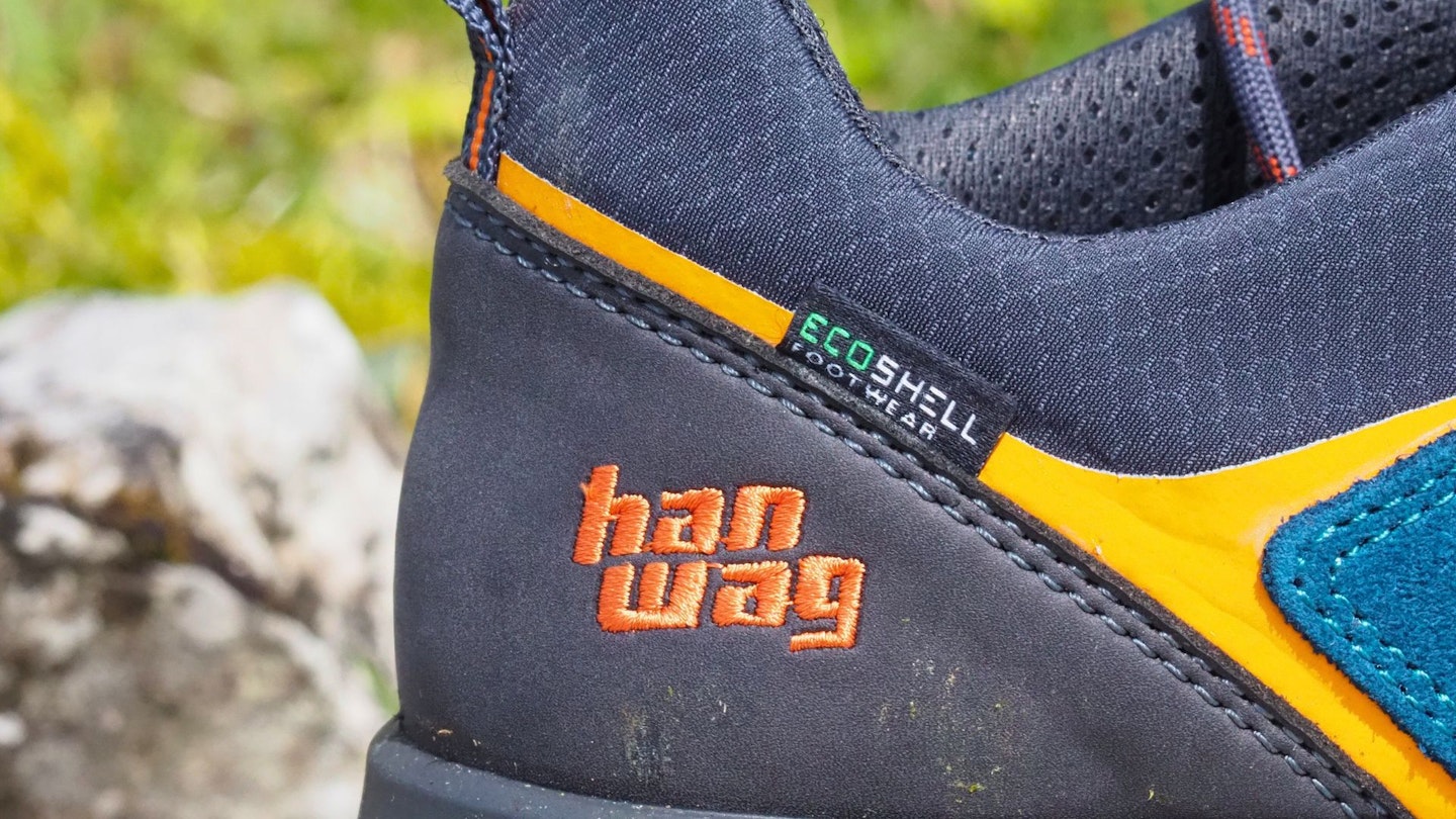 Label of eco waterproof lining on Hanwag hiking shoe