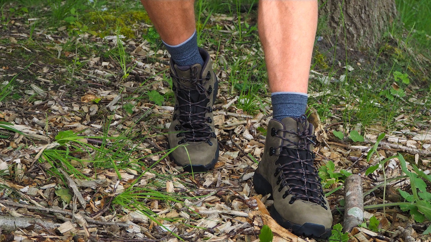 Closeup on hiker's feet walking wearing Danner Mountain 600 EVO