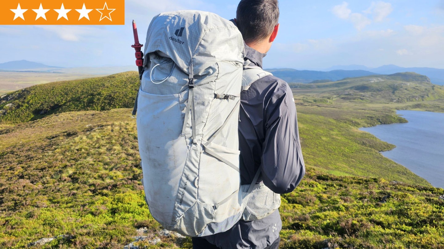 Hiker wearing Deuter Aircontact Ultra 50+5 rear view with LFTO star rating top left corner