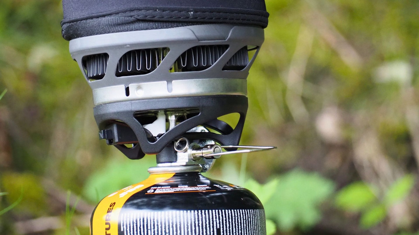 Closeup of Jetboil SuMo regulator and ignitor