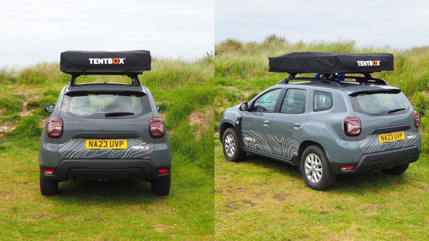 Photos showing TentBox Lite XL packed away on car roof