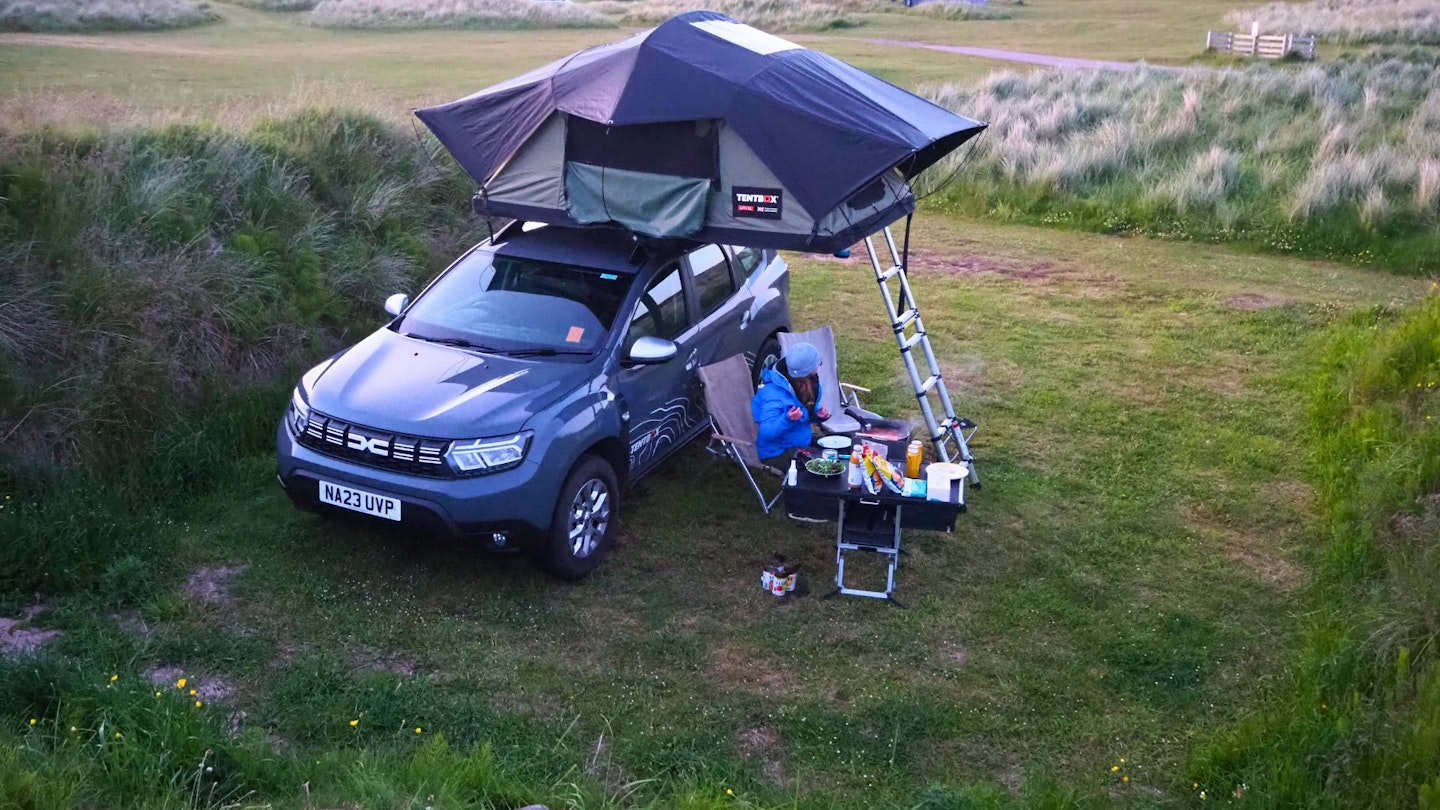 Looking down on campsite setup with TentBox Lite XL