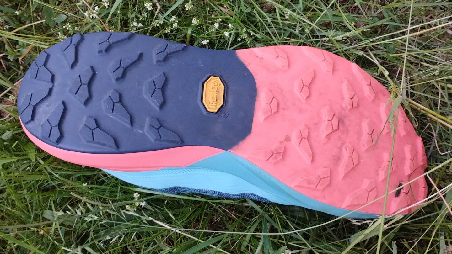 The lug pattern and outsole of the Dynafit Ultra 2 trail running shoes