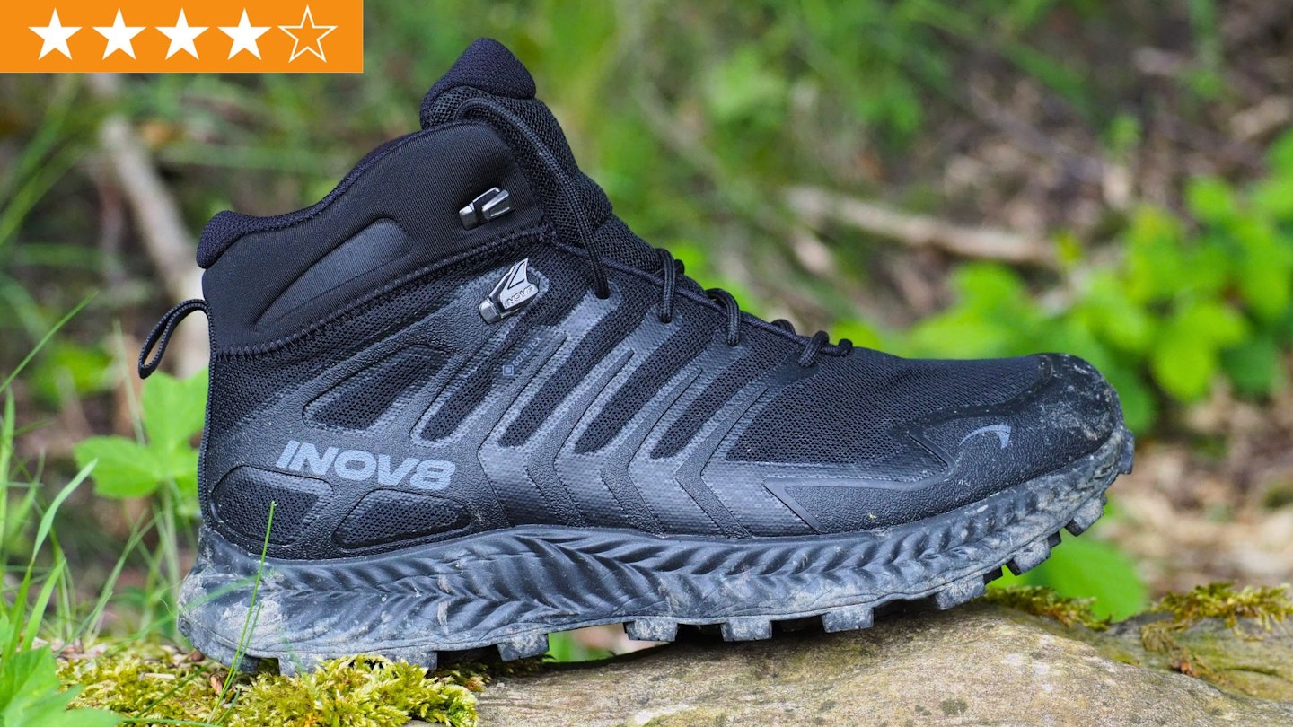 Side profile view of Inov8 Roclite Mid GTX with LFTO star rating