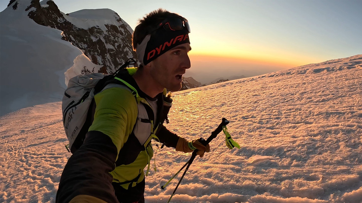 Alex Steindl running on alpine peaks of the Spaghetti tour