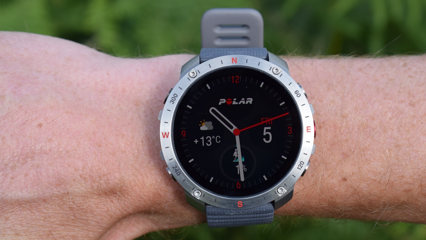 Analogue clock face of polar grit x2 pro running watch