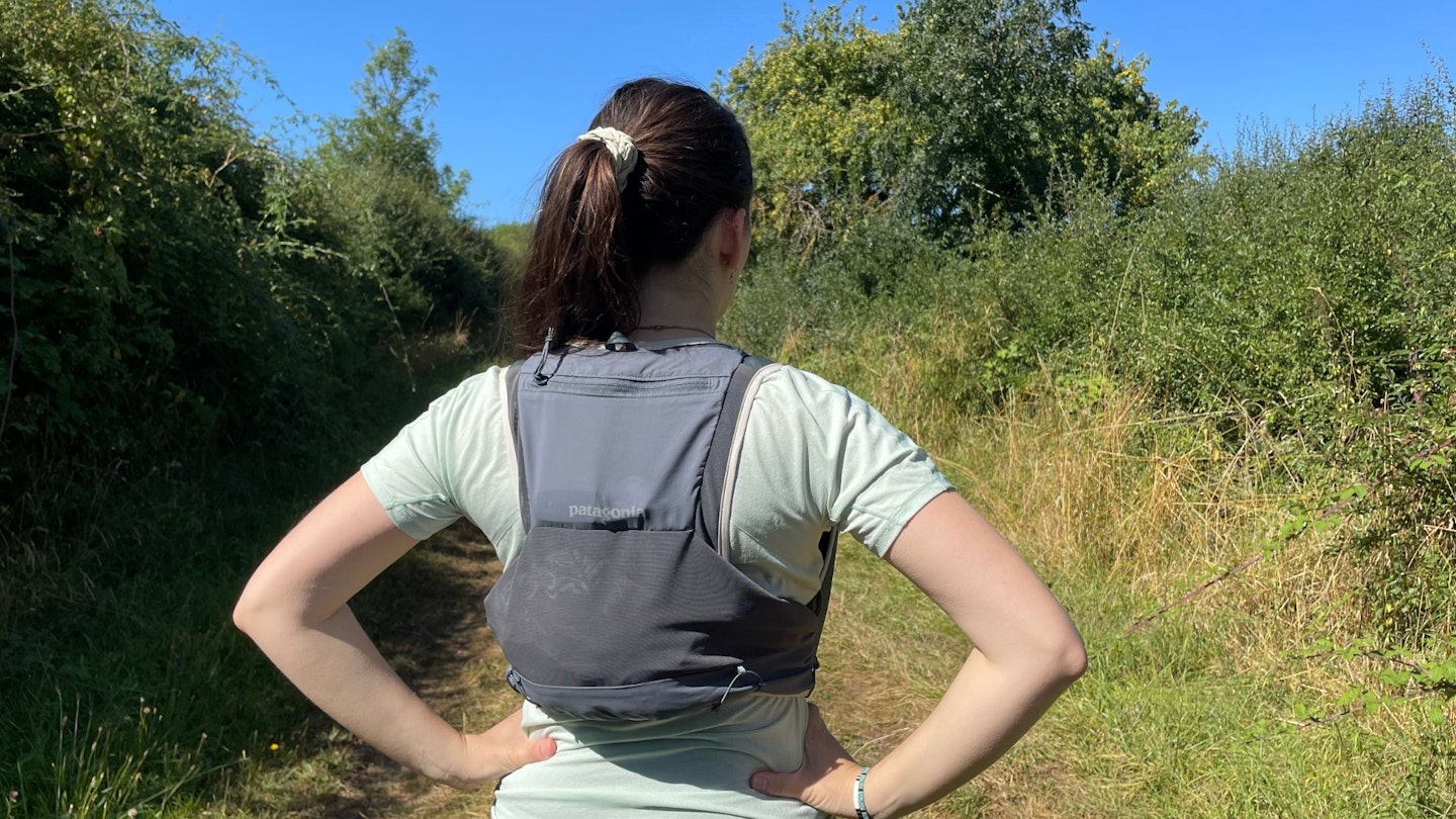 Patagonia Slope vest back view worn by Lara
