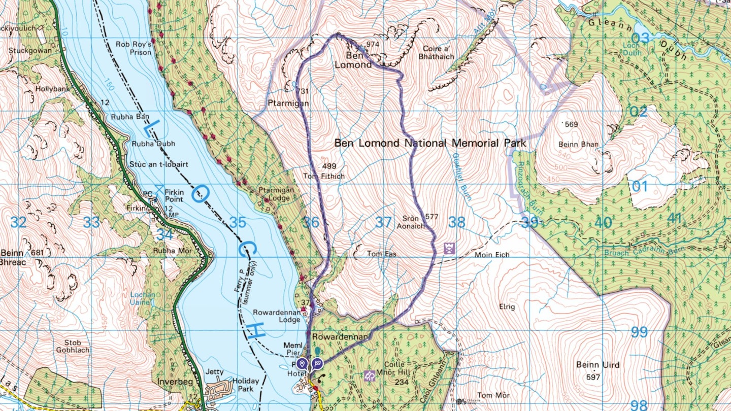 Ben Lomond walking route map Scottish Highlands