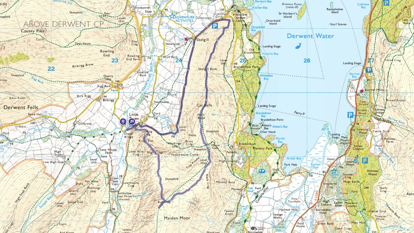 Cat Bells and Maiden Moor walking route map