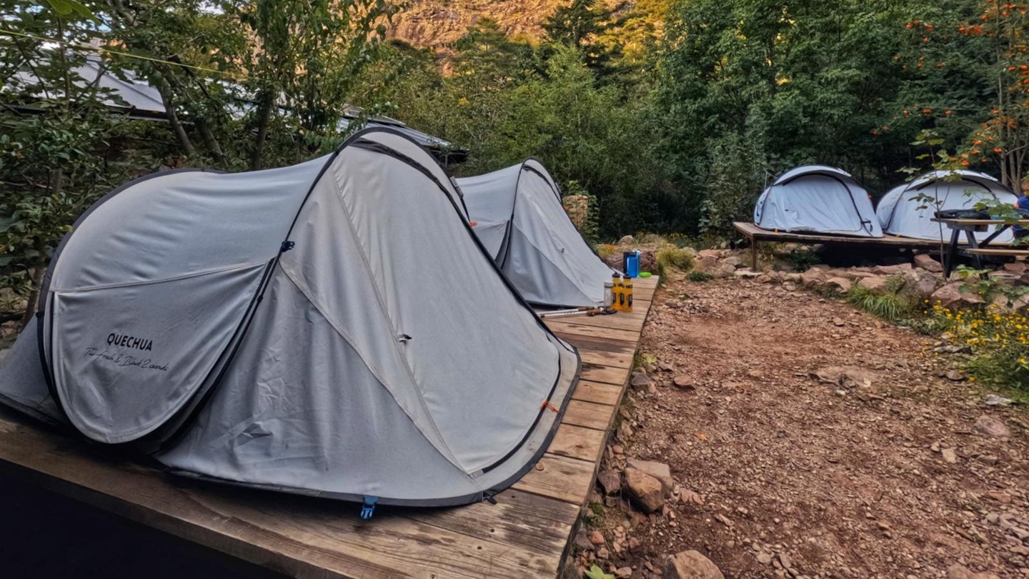 Corsica GR20 Day 2 - 32 - platform tents at Refuge de Carrozzu