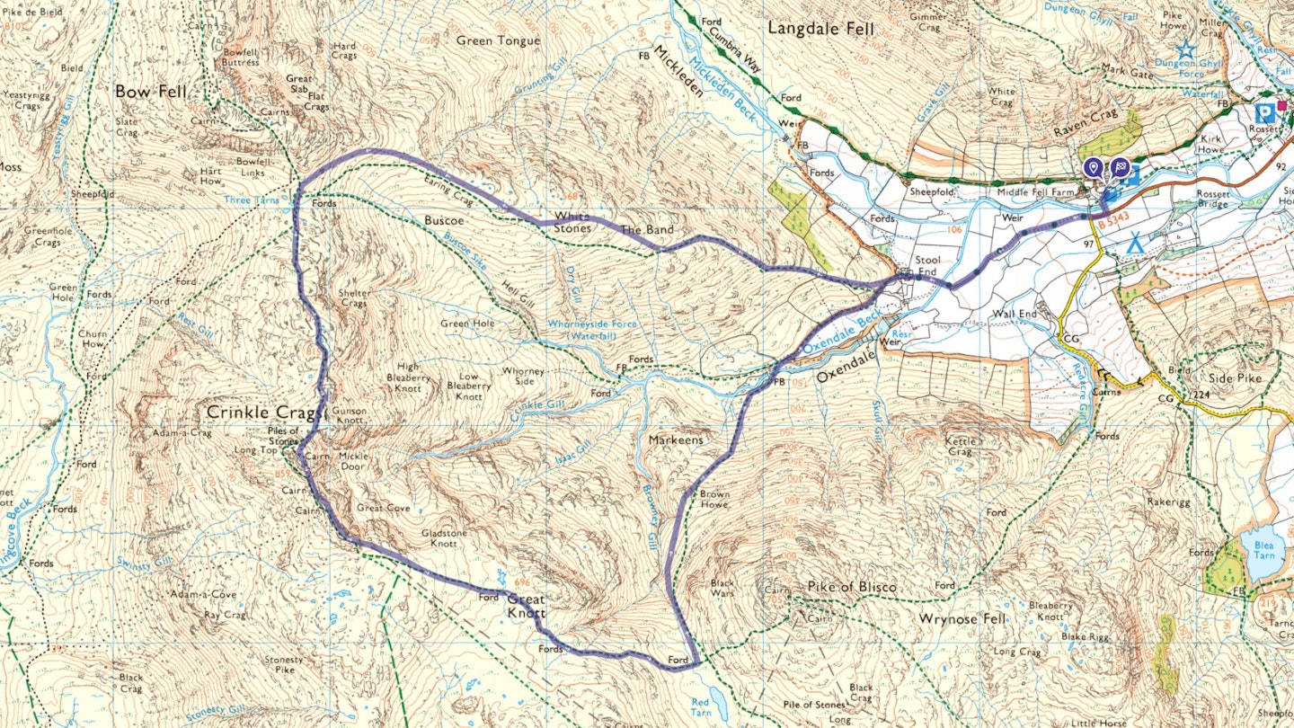 Crinkle Crags walking route map