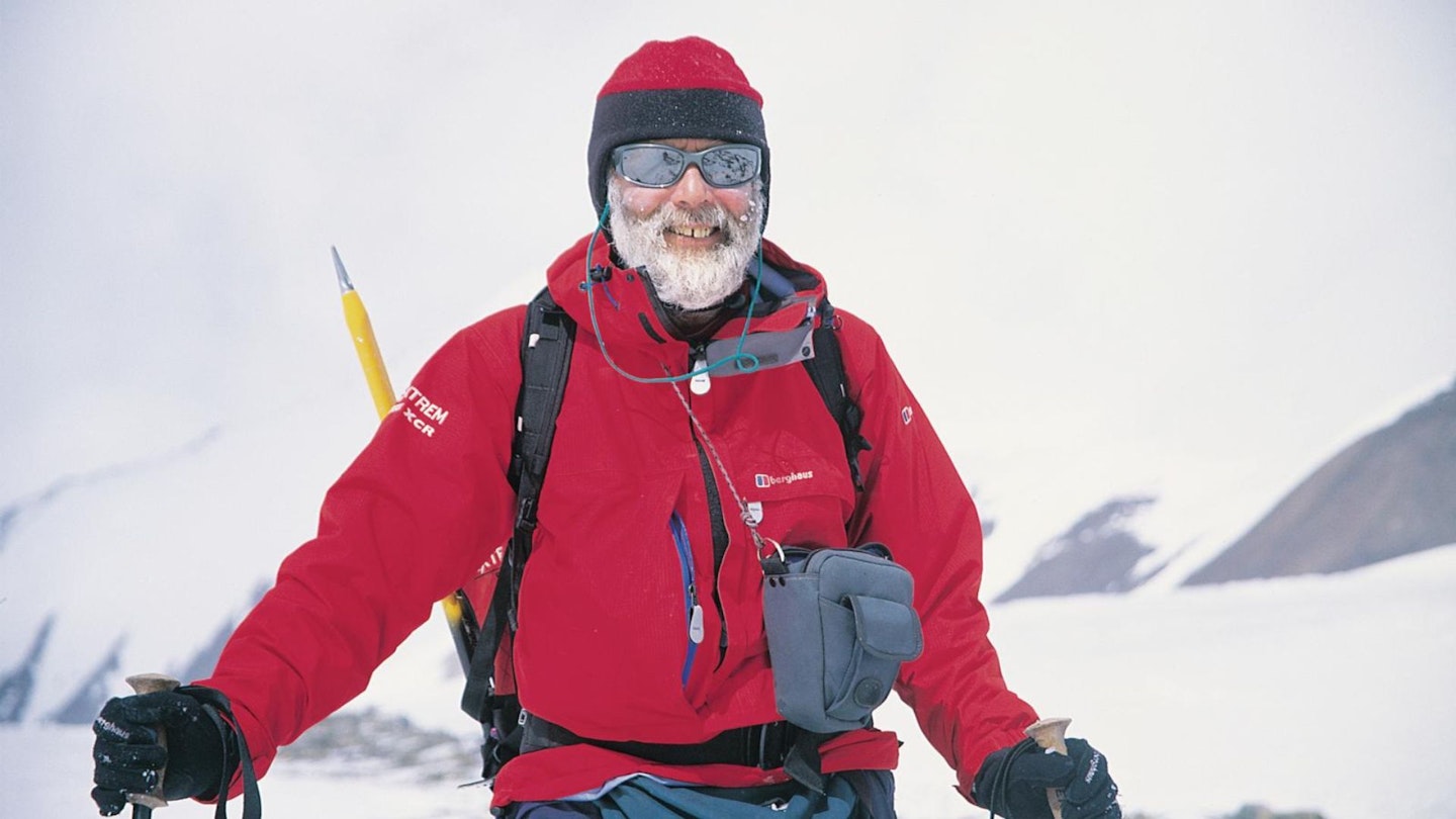 Sir Chris Bonington hiking in snow