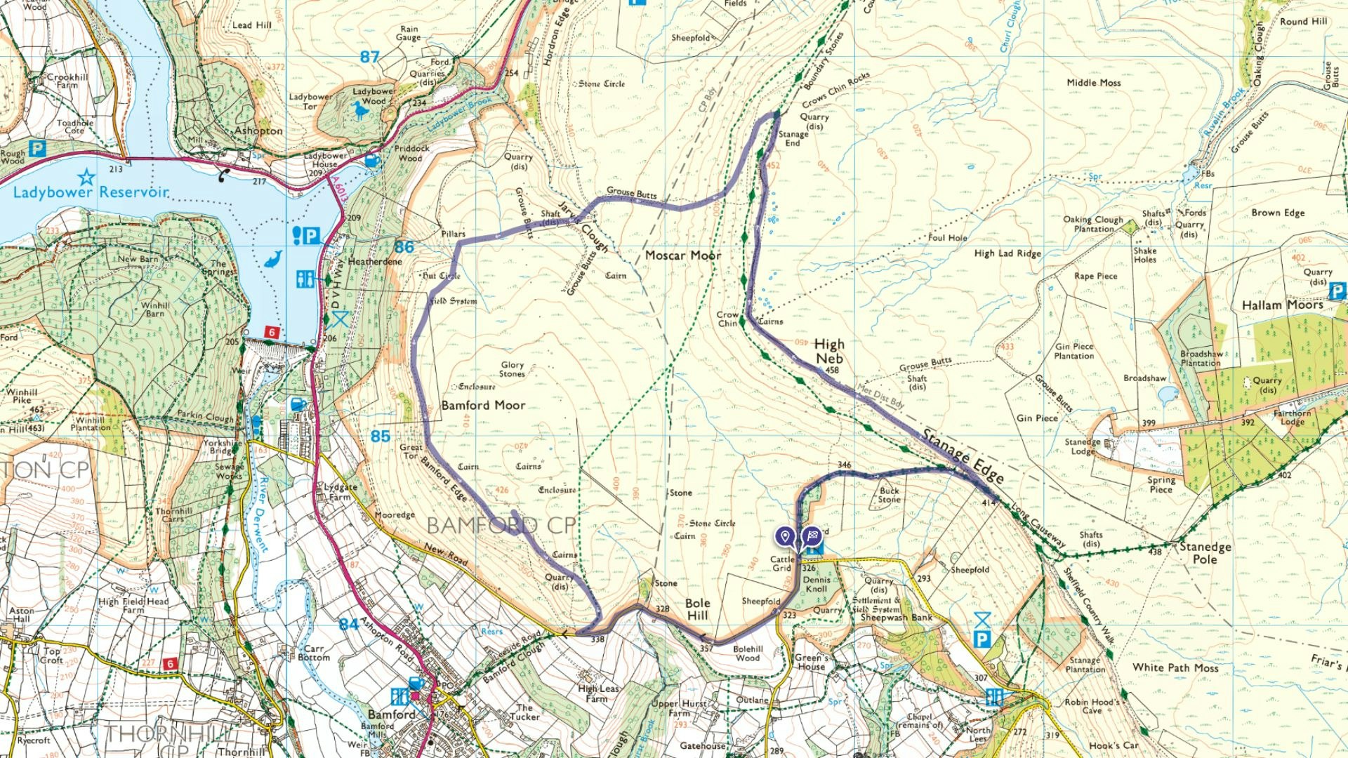 Stanage Edge and Bamford Edge walking route