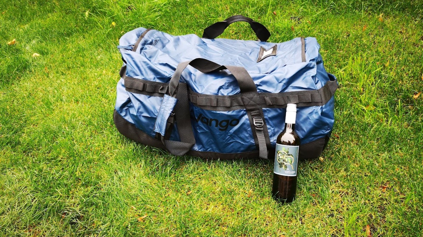 Vango Cargo duffel 120 wine for scale