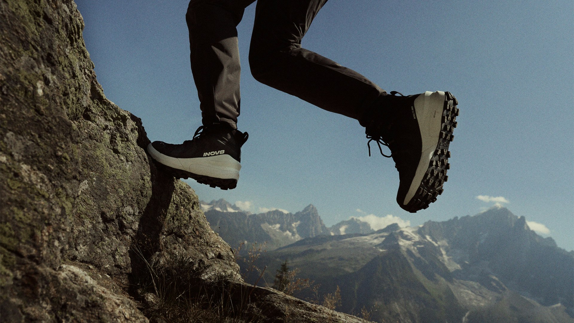 scrambling up rocks in the inov8 Roclite Pro boot