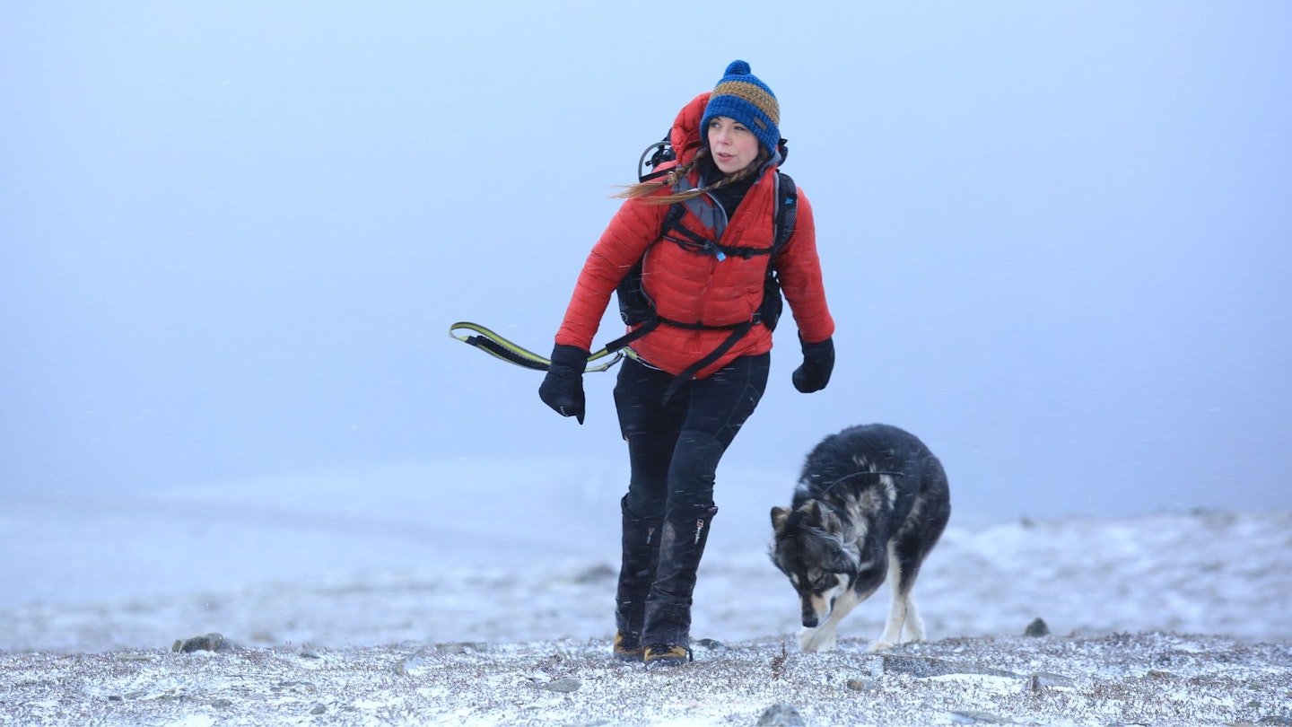 Down jackets worn by a woman walking a dog in windy conditions