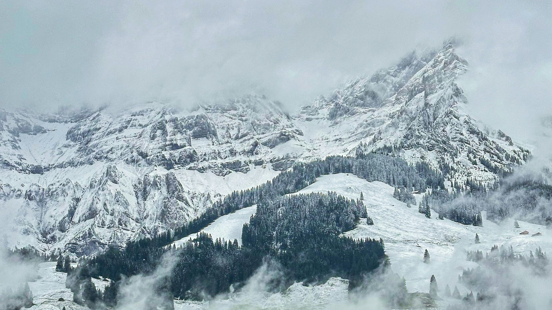 Grey frosty clouds in the mountains