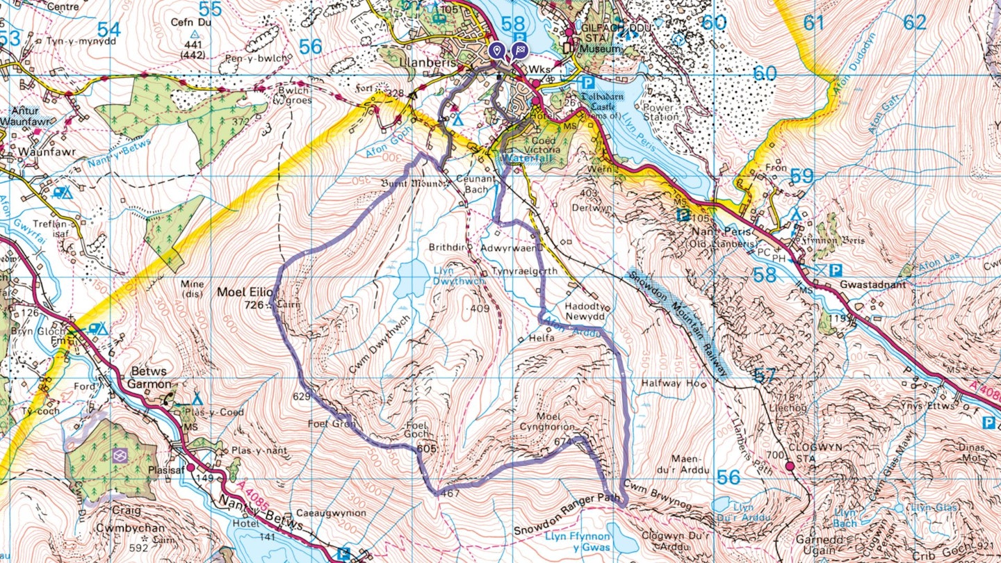 Moel Eilio and Foel Goch walking route map Snowdonia